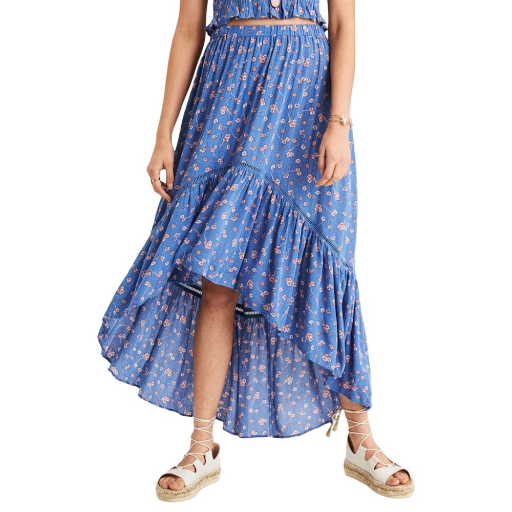 American Eagle Women Blue Floral High-Low Maxi Skirt SM EUC Boho Cottage Spring‎